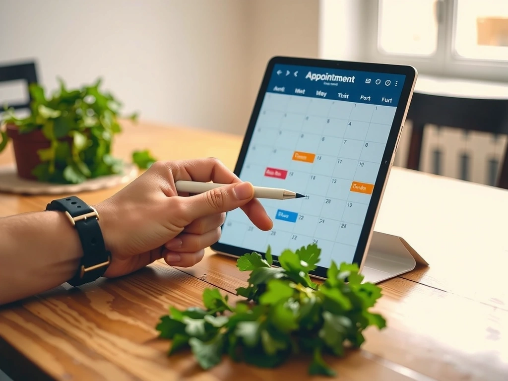 Detail ruky s perem nad tabletem s kalendářem